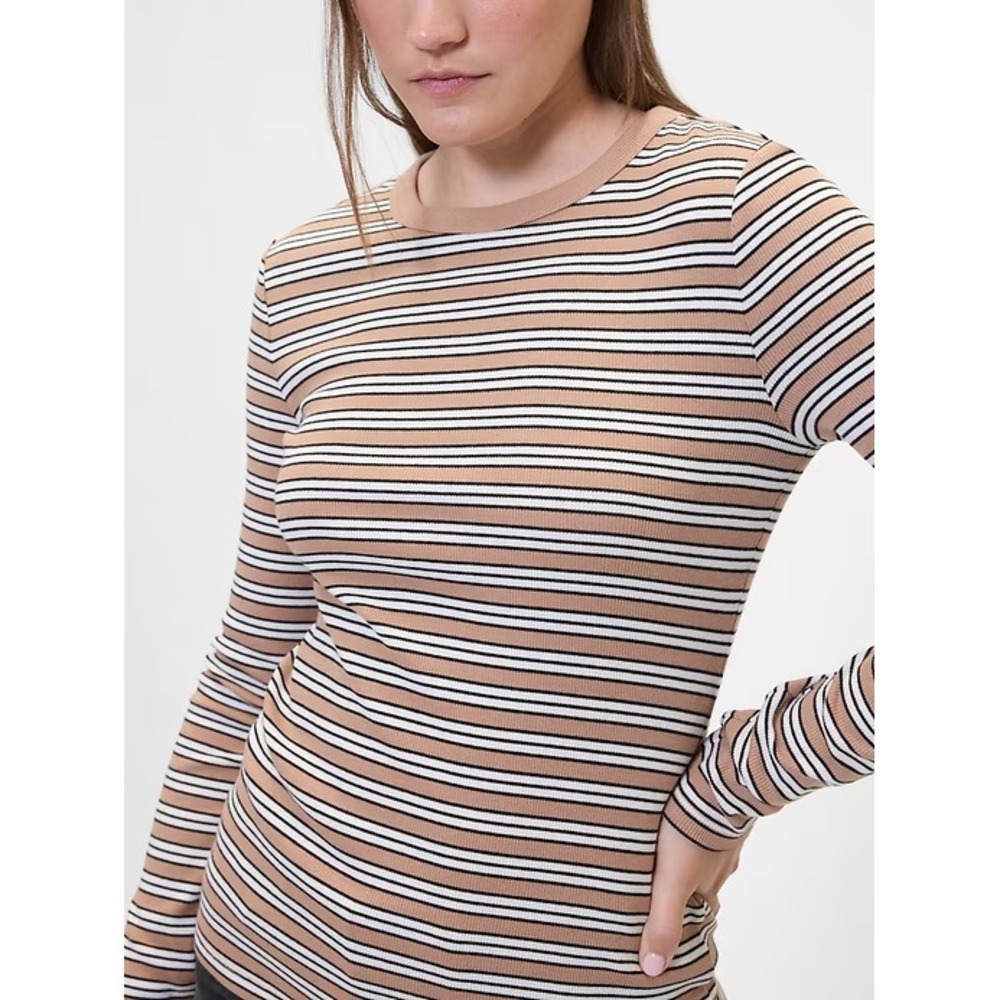 Gap Stripe Long Sleeve Tee NWT Womens Sz M Brown White Ribbed Knit Crewneck